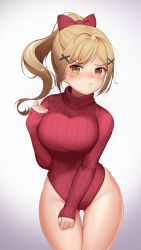 Rule 34 | 1girl, absurdres, bang dream!, bare legs, blonde hair, blush, bow, breasts, cowboy shot, dopamine70, gluteal fold, hair bow, hair ornament, heattech leotard, highleg, highleg leotard, highres, ichigaya arisa, large breasts, leotard, long hair, long sleeves, looking at viewer, meme attire, nose blush, ponytail, pout, red bow, red leotard, red sweater, ribbed leotard, sleeves past wrists, solo, sweater, thigh gap, turtleneck, turtleneck sweater, x hair ornament, yellow eyes