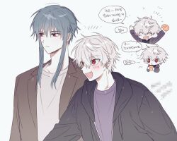 Rule 34 | 2boys, blush, closed mouth, expressionless, facing to the side, fang, fujo0t4ku, grey background, grey hair, haruno kochi, korean text, looking ahead, multiple boys, open mouth, red eyes, short hair with long locks, smile, speech bubble, translation request, ushirono fuyu, white hair, zeno (game)