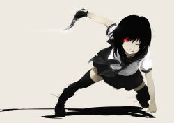 Rule 34 | 1girl, :p, black hair, fingerless gloves, gloves, glowing, glowing eyes, highres, knife, ogipote, one eye closed, original, outstretched leg, red eyes, school uniform, serafuku, short hair, simple background, solo, thighhighs, tongue, tongue out, wink