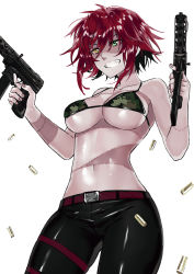 Rule 34 | 1girl, belt, belt buckle, bikini, bikini top only, breasts, buckle, bullet, camouflage bikini top, cleavage, collarbone, cowboy shot, dual wielding, green eyes, grin, gun, heterochromia, highres, holding, holding gun, holding weapon, latex pants, medium breasts, messy hair, monster girl, monster musume no iru nichijou, navel, pants, patchwork skin, red belt, red hair, signature, simple background, smile, solo, stitches, swimsuit, tight clothes, tight pants, weapon, white background, yellow eyes, zakirsiz, zombie, zombina (monster musume)