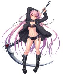 Rule 34 | 1girl, absurdres, boots, breasts, chain, collar, curvy, feet, felicia (taimanin kurenai), female focus, full body, gluteal fold, highres, holding, holding weapon, lilith-soft, long hair, looking at viewer, navel, nipples, official art, partially visible vulva, pink hair, pointy ears, red eyes, scythe, shiny skin, short shorts, shorts, simple background, small breasts, solo, taimanin (series), taimanin asagi kessen arena, taimanin kurenai, two side up, very long hair, weapon, white background, zol