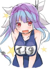 Rule 34 | 1girl, blue hair, blue one-piece swimsuit, breasts, fang, flower-shaped pupils, hair ribbon, highres, i-19 (kancolle), kantai collection, large breasts, long hair, looking at viewer, name tag, one-piece swimsuit, open mouth, poipoi purin, red eyes, ribbon, school swimsuit, skin fang, smile, solo, star-shaped pupils, star (symbol), swimsuit, symbol-shaped pupils, tri tails, twintails, upper body