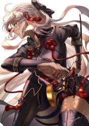 Rule 34 | 1girl, absurdres, arm guards, black bow, black coat, boots, bow, breasts, cleavage, cleavage cutout, clothing cutout, coat, commentary request, dark skin, fate/grand order, fate (series), hair between eyes, hair bow, high collar, highres, holding, holding sword, holding weapon, large breasts, long hair, okita souji (fate), okita souji alter (fate), shin guards, sword, tassel, thigh boots, thigh strap, thighhighs, w-moz9-w, weapon, white background, white hair, yellow eyes