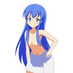 Rule 34 | &gt;:), &gt;:3, 1girl, :3, alternate eye color, blue eyes, blue hair, cato (monocatienus), commentary request, doyagao, flat chest, hair censor, hair over breasts, hand on own hip, hinanawi tenshi, leaning forward, long hair, looking at viewer, matching hair/eyes, naked towel, navel, simple background, smug, solo, topless, touhou, towel, v-shaped eyebrows, very long hair, white background