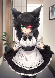 Rule 34 | 1girl, animal ears, black gloves, black hair, blue eyes, blurry, blurry background, breasts, clothes lift, dress, dress lift, final fantasy, final fantasy xiv, ge-b, gloves, glowing, glowing eye, hair over one eye, highres, lifting own clothes, maid, medium breasts, short hair, solo, warrior of light (ff14), wolf ears