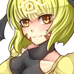 Rule 34 | 1girl, blonde hair, blush, breasts, brown eyes, cleavage, duel monster, fortune lady, fortune lady light, looking at viewer, lowres, markings, shintani tsushiya, short hair, simple background, smile, solo, white background, yu-gi-oh!, yu-gi-oh! duel monsters, yuu-gi-ou