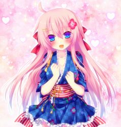 Rule 34 | 1girl, :d, ahoge, bad id, bad pixiv id, blue eyes, blue kimono, blue skirt, blush, bow, checkered clothes, checkered kimono, checkered skirt, cowboy shot, dogwood (flower), floral print, flower, flower knight girl, haineko (die verschwand), hair bow, hair flower, hair ornament, hairclip, hanamizuki (flower knight girl), heart, heart background, japanese clothes, kimono, long hair, looking at viewer, nail polish, obi, open mouth, pink background, pink hair, red bow, sash, skirt, smile, solo, star (symbol), star print, striped, unmoving pattern
