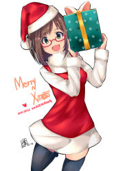 Rule 34 | 10s, 1girl, :d, animal ears, black thighhighs, blush, brown hair, character name, commentary request, dated, fang, glasses, green eyes, hat, highres, idolmaster, idolmaster cinderella girls, looking at viewer, maekawa miku, merry christmas, mistrail, open mouth, red-framed eyewear, santa costume, santa hat, short hair, smile, solo, thighhighs