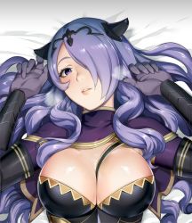 Rule 34 | 1girl, between breasts, breasts, camilla (fire emblem), cleavage, fire emblem, fire emblem fates, fire emblem heroes, large breasts, long hair, looking at viewer, lying, nintendo, on back, parted lips, purple eyes, purple hair, smile, solo, tagme, upper body