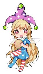 Rule 34 | 1girl, american flag dress, american flag legwear, blonde hair, burger, chibi, clownpiece, collar, commeowdore, food, hat, highres, holding, holding food, jester cap, long hair, open mouth, simple background, touhou, wings