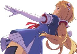 Rule 34 | 1girl, aki rosenthal, aki rosenthal (1st costume), blonde hair, blue dress, detached hair, dress, elbow gloves, from behind, gloves, hololive, kanzaki hiro, long hair, looking back, low twintails, purple eyes, smile, thighhighs, twintails, virtual youtuber, white background, white gloves