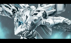 Rule 34 | armored core, armored core: for answer, bad id, bad nicoseiga id, blue theme, co2, from software, gun, letterboxed, mecha, mecha focus, monochrome, no humans, outstretched arms, robot, solo, spread arms, weapon, white glint