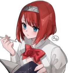 Rule 34 | 1girl, ark royal (kancolle), blue eyes, blush, bob cut, book, bow, bowtie, closed mouth, commentary request, diary, holding, holding book, holding pen, kantai collection, long sleeves, mizoredama1, pen, red bow, red bowtie, red hair, short hair, simple background, solo, tiara, upper body, white background