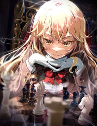 Rule 34 | 1girl, bishop (chess), blazer, blonde hair, blurry, blurry foreground, board game, bow, bowtie, brown jacket, buttoned cuffs, buttons, chess, chess piece, chessboard, commentary request, crossed bangs, elbow rest, gloves, head rest, highres, interlocked fingers, jacket, king (chess), knight (chess), long sleeves, looking at viewer, on chair, parted lips, pawn (chess), queen (chess), red bow, red bowtie, rook (chess), school uniform, shirt, shokuhou misaki, sitting, smile, solo, sparkling eyes, toaru kagaku no mental out, toaru kagaku no railgun, toaru majutsu no index, tokiwadai school uniform, white gloves, white shirt, winter uniform, yellow eyes, yonabe