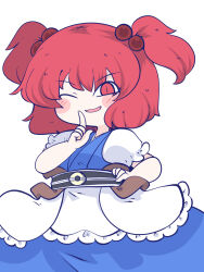 Rule 34 | 1girl, ;d, blue dress, chahan (fried rice0614), coin, dress, hair bobbles, hair ornament, highres, index finger raised, looking at viewer, obi, one eye closed, onozuka komachi, open mouth, red eyes, red hair, sash, short hair, short sleeves, simple background, smile, solo, touhou, two side up, white background