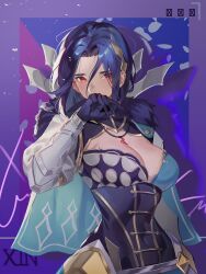 Rule 34 | 1girl, absurdres, armored collar, asymmetrical clothes, black hair, blue cape, blue capelet, breasts, cape, capelet, cleavage, cleavage cutout, clothing cutout, covered navel, covering own mouth, expressionless, fire emblem, fire emblem engage, fur-trimmed cape, fur trim, gloves, highres, jewelry, large breasts, long sleeves, looking at viewer, necklace, nel (fire emblem), nintendo, obsession, parted bangs, puffy sleeves, red eyes, short hair, skin tight, solo