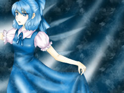 Rule 34 | 1girl, blue eyes, blue hair, bow, cirno, dress, embodiment of scarlet devil, female focus, gradient background, matching hair/eyes, mitsubachi, solo, touhou, wings