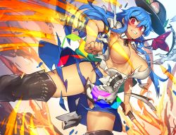 Rule 34 | 1girl, blue hair, blush, breasts, brown thighhighs, clenched teeth, female focus, food, fruit, hat, highres, hinanawi tenshi, large breasts, long hair, looking at viewer, melon22, no bra, peach, puffy short sleeves, puffy sleeves, red eyes, shirt, short sleeves, skirt, solo, sword of hisou, teeth, thighhighs, torn clothes, torn shirt, torn skirt, touhou, very long hair, zettai ryouiki