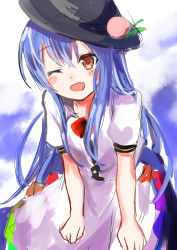 Rule 34 | 1girl, ;d, absurdres, amamitsu kousuke, apron, bad id, bad nicoseiga id, black hat, blue dress, blue hair, blue sky, blush, bow, bowtie, buttons, close-up, dress, fang, food, fruit, hat, highres, hinanawi tenshi, leaf, leaning forward, long hair, one eye closed, open mouth, peach, rainbow order, red bow, red eyes, scarlet weather rhapsody, short sleeves, sky, smile, solo, touhou