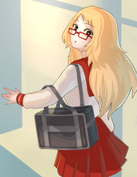 Rule 34 | 1girl, :o, abstract background, absurdres, bag, blonde hair, blue background, commentary request, from behind, glasses, highres, long hair, long sleeves, looking back, mie ai, neckerchief, open mouth, pleated skirt, purple eyes, red-framed eyewear, red neckerchief, red skirt, school bag, school uniform, shirt, skirt, socomod, solo, spread fingers, sukinako ga megane wo wasureta, tareme, two-tone background, upper body, white background, white shirt