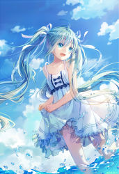 Rule 34 | 1girl, :d, blue eyes, blue hair, blue sky, buji, cloud, collarbone, dress, dutch angle, floating hair, hair between eyes, hair ribbon, hatsune miku, highres, long hair, open mouth, outdoors, ribbon, see-through, sky, sleeveless, sleeveless dress, smile, solo, sundress, twintails, very long hair, vocaloid, wading, water, white dress, white ribbon