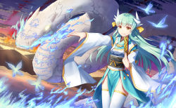 Rule 34 | 1girl, aqua hair, blue kimono, bug, butterfly, closed mouth, cloud, cloudy sky, commentary request, dragon, fate/grand order, fate (series), furisode, glowing, glowing butterfly, glowing eyes, gradient sky, hair ornament, hand fan, highres, holding, holding fan, horns, insect, japanese clothes, ji dao ji, kimono, kiyohime (fate), legs together, long hair, long sleeves, looking away, magic, mountain, obi, ocean, orange sky, outdoors, outstretched arm, sash, sky, smile, standing, star (sky), starry sky, thighhighs, twilight, white thighhighs, wind, yellow eyes