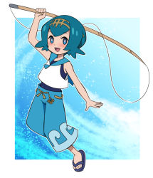 Rule 34 | 1girl, :d, arm up, bare arms, black footwear, blue eyes, blue hair, blue pants, blue sailor collar, blush, bright pupils, commentary request, creatures (company), fishing rod, freckles, game freak, hairband, holding, holding fishing rod, lana (pokemon), nintendo, open mouth, pants, pokemon, pokemon sm, sailor collar, sandals, shirt, short hair, smile, solo, swimsuit, swimsuit under clothes, toes, tongue, white pupils, white shirt, yellow hairband, yume yoroi