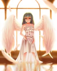 Rule 34 | 1girl, aletto-mikan, alternate costume, angel wings, backlighting, blurry, collarbone, depth of field, dress, dress grab, feathered wings, feathers, glowing, glowing eyes, green eyes, green hair, komeiji koishi, matching hair/eyes, no headwear, no headwear, parted lips, solo, sundress, touhou, wading, wet, wet clothes, wet hair, white dress, window, wings