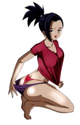 Rule 34 | 10s, 1girl, ass, black eyes, black hair, breasts, cleavage, curvy, dark skin, dark-skinned female, dragon ball, dragon ball super, female focus, hip focus, kale (dragon ball), lipstick, makeup, nail polish, navel, panties, ponytail, red lips, red nails, red shirt, saiyan, shirt, simple background, solo, squatting, stomach, thighs, thong, underwear, undressing, whale tail (clothing), white background