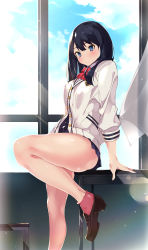Rule 34 | 1girl, absurdres, black hair, blue eyes, blue sky, bow, bowtie, brown footwear, cardigan, cloud, commentary request, curtains, day, gridman universe, highres, legs, long sleeves, looking at viewer, red bow, red bowtie, shirt, shoes, short hair, sia namsbinpeni, sky, socks, solo, ssss.gridman, takarada rikka, thighs, white cardigan, white shirt, window