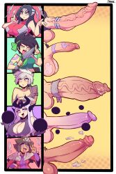 Rule 34 | 5girls, akali, black hair, blue eyes, breasts, brown hair, chart, cleavage, cock ring, cuffs, grey hair, highres, huge penis, kunai, large breasts, large penis, large testicles, league of legends, medium breasts, medium penis, multiple girls, open mouth, orange eyes, penis, pixzapix, purple hair, sex toy, shackles, smegma, taliyah, testicles, tongue, tongue out, v, veins, veiny penis, weapon