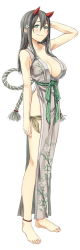 Rule 34 | 1girl, anklet, arm at side, arm up, ayakashi kyoushuutan, barefoot, black hair, blush, breasts, cleavage, collarbone, cura, flower, full body, green eyes, green ribbon, hair between eyes, hair flower, hair ornament, horns, japanese clothes, jewelry, large breasts, long hair, looking at viewer, monobeno, official art, oni horns, panties, red horns, ribbon, side-tie panties, smile, solo, standing, tooko (monobeno), underwear