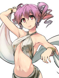 Rule 34 | 1girl, arabian clothes, bracelet, breasts, curly hair, dancer, harem outfit, jewelry, looking at viewer, midriff, navel, original, pink eyes, pink hair, small breasts, smile, solo, stomach, twintails, upper body, yuugiri (u-slash)