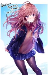 Rule 34 | 1girl, bad id, bad pixiv id, blue sailor collar, blush, brown hair, brown pantyhose, cardigan, commentary request, dated, floating hair, grin, highres, holding, jacket, long hair, looking at viewer, maruchi, neckerchief, open clothes, open jacket, original, pantyhose, pleated skirt, purple eyes, purple jacket, purple skirt, red scarf, sailor collar, scarf, school uniform, serafuku, skirt, smile, snow, snowball, solo, white neckerchief