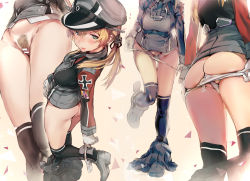 Rule 34 | 10s, 1girl, anchor hair ornament, ass, bad id, bad pixiv id, bar censor, blonde hair, breasts, butt crack, censored, cross, female pubic hair, gloves, green eyes, hair between eyes, hair ornament, hat, iron cross, kantai collection, long hair, long sleeves, medium breasts, multiple views, over-kneehighs, panties, panties around leg, panty pull, peaked cap, prinz eugen (kancolle), pubic hair, pussy, sabaku no tanuki, skirt, skirt around one leg, smile, standing, standing on one leg, thighhighs, twintails, underwear, white gloves, white panties