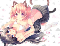 Rule 34 | 10s, 2girls, akemi homura, animal ears, asymmetrical docking, black hair, black pantyhose, black skirt, blue eyes, blush, bra, breast press, breasts, camisole, cat ears, cat tail, eyebrows, hair between eyes, hands up, highres, holding hands, kaname madoka, long hair, looking at viewer, lying, mahou shoujo madoka magica, mahou shoujo madoka magica (anime), medium breasts, multiple girls, no shirt, no shoes, on back, open mouth, pantyhose, parted lips, pink eyes, pink hair, pink ribbon, plaid, plaid skirt, pleated skirt, polka dot, polka dot background, ribbon, sakuramocchi, shiramori sawa, short hair, skirt, strap slip, tail, thighhighs, triangle, twintails, underwear, wavy mouth, white background, white bra, white legwear, yuri