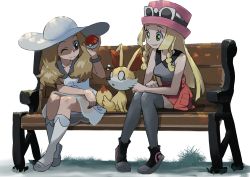 Rule 34 | 0 0, 2girls, absurdres, bench, blonde hair, bracelet, braid, case-k, closed mouth, collared dress, commentary request, cosplay, costume switch, creatures (company), dress, eyelashes, eyewear on headwear, fennekin, game freak, gen 6 pokemon, grass, green eyes, hat, highres, holding, holding poke ball, jewelry, legs together, light brown hair, lillie (pokemon), long hair, multiple girls, nintendo, one eye closed, parted lips, pigeon-toed, pink headwear, pleated skirt, poke ball, poke ball (basic), pokemon, pokemon sm, pokemon xy, red skirt, serena (pokemon), shirt, shoes, sitting, skirt, sleeveless, sleeveless dress, sleeveless shirt, smile, socks, sun hat, sunglasses, sweatdrop, thighhighs, twin braids