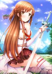 Rule 34 | 10s, 1girl, armor, asuna (sao), bad id, bad pixiv id, blush, cloud, day, highres, long hair, open mouth, orange hair, sky, solo, sword, sword art online, swordsouls, thighhighs, thighs, very long hair, weapon, white armor, white thighhighs, yellow eyes