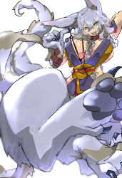 Rule 34 | 1girl, animal ears, animal hands, arm behind back, breasts, claws, clothing request, grey hair, highres, jakoo07, large breasts, looking at viewer, open mouth, original, short hair, smile, tail, white background, wolf ears, wolf girl, wolf tail, yellow eyes