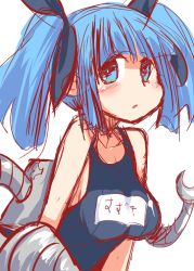 Rule 34 | 1girl, blue eyes, blue hair, blush, breasts, hys-d, kantai collection, large breasts, long hair, matching hair/eyes, one-piece swimsuit, pani poni dash!, parody, school swimsuit, simple background, solo, suzuki sayaka, swimsuit, twintails, white background