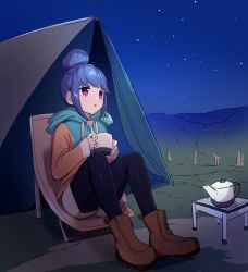 Rule 34 | 1girl, absurdres, akamoku, bad id, bad pixiv id, beanie, black pantyhose, blue hair, boots, brown footwear, brown shorts, chair, commentary request, cup, drawstring, forest, hair bun, hat, highres, holding, holding cup, hood, hooded jacket, hoodie, jacket, kettle, long sleeves, looking to the side, mug, multicolored clothes, multicolored jacket, nature, night, night sky, open mouth, pantyhose, pantyhose under shorts, purple eyes, shima rin, short hair, shorts, sidelocks, single hair bun, sitting, sky, solo, star (sky), starry sky, tent, tree, winter clothes, yurucamp