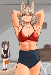 2girls abs alternate_costume animal_ear_fluff animal_ears armpits arms_behind_head ball basketball_(object) basketball_court bow buruma camisole dropping feet_out_of_frame grey_hair hair_bow highres himekaidou_hatate inubashiri_momiji long_hair looking_at_viewer multiple_girls ramnik5 red_eyes short_hair shorts signature sports_bra sportswear standing sweat tail toned touhou twintails very_long_hair wolf_ears wolf_girl wolf_tail