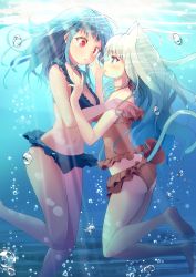 Rule 34 | 2girls, air bubble, animal ear fluff, animal ears, ass, bare arms, bare legs, bare shoulders, barefoot, bikini, blue bikini, blue hair, blush, breasts, brown bikini, bubble, cat ears, cat girl, cat tail, cleavage, commentary request, day, eye contact, frilled bikini, frills, hamaru (s5625t), highres, long hair, looking at another, medium breasts, multiple girls, original, outdoors, parted lips, red eyes, silver hair, soles, swimsuit, tail, underwater, very long hair, water