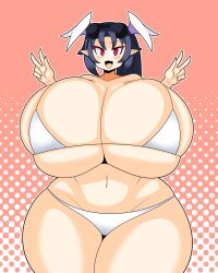 Rule 34 | 1girl, bikini, black hair, breasts, curvy, disgaea, disgaea 6, double v, duskyer, eyelashes, fang, female focus, gigantic breasts, head wings, highres, melodia (disgaea), micro bikini, navel, pink background, pointy ears, polka dot, polka dot background, red eyes, skin fang, slit pupils, smile, solo, standing, swimsuit, thick thighs, thighs, v, w arms, white bikini, wide hips, wings