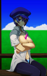 Rule 34 | 1girl, atlus, between breasts, blue eyes, blue hair, blue panties, blush, breasts, cabbie hat, cloud, covering privates, covering breasts, crossed arms, day, grass, hat, large breasts, matching hair/eyes, navel, no bra, open clothes, open fly, open shirt, panties, persona, persona 4, shade, shirogane naoto, shirt, short hair, sitting, sky, solo, sweat, taru neko, tupet, underwear, unzipped