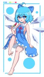 Rule 34 | 1girl, absurdres, ahoge, barefoot, blue bow, blue dress, blue eyes, blue hair, bow, breasts, cirno, commentary, detached wings, dress, food, fruit, hair bow, highres, holding, holding food, ice, ice wings, looking at viewer, medium breasts, open mouth, short hair, sideboob, sleeveless, sleeveless dress, smug suriipi, solo, touhou, watermelon, watermelon slice, white background, wings