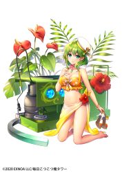 Rule 34 | 1girl, barefoot, bikini, breasts, company name, crank, dated, flower, green eyes, green hair, grill, hibiscus, high heels, highres, jewelry, kneeling, looking at viewer, medium breasts, milcho, official art, ole tower, orange bikini, propane tank, shoes, unworn shoes, smile, swimsuit, tilted headwear, white background, white headwear