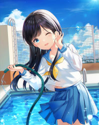 Rule 34 | 0v0 (l seohui), 1girl, absurdres, black hair, blue eyes, blue sailor collar, blue skirt, cloud, day, eyelashes, hair behind ear, highres, holding, holding hose, hose, huge filesize, long hair, long sleeves, looking at viewer, one eye closed, original, outdoors, pleated skirt, pool, pool ladder, sailor collar, shirt, skirt, sky, solo, summer, symbol-only commentary, uniform, water, water drop, white shirt