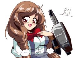 Rule 34 | 1990s (style), 1girl, blush, bow, bowtie, braid, breasts, choroli (chorolin), cloud hair ornament, gradient hair, grey skirt, hair between eyes, hand on own chest, kantai collection, light brown hair, long hair, looking at viewer, medium breasts, minegumo (kancolle), multicolored hair, open mouth, parody, plaid, plaid bow, plaid bowtie, plaid neckwear, red bow, red bowtie, retro artstyle, school uniform, shirt, short sleeves, signature, simple background, skirt, smile, solo, style parody, suspenders, torpedo launcher, torpedo tubes, twin braids, upper body, white background, white shirt