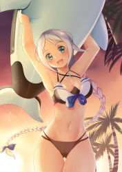 Rule 34 | 1girl, adapted costume, armpits, beach, bikini, black bikini, blue eyes, braid, breasts, cloud, cloudy sky, coconut tree, cowboy shot, hair tie, highres, holding, inflatable toy, kantai collection, long hair, looking at viewer, medium breasts, mole, mole under eye, open mouth, outdoors, palm tree, sky, smile, solo, sunlight, sunset, swimsuit, thighs, tree, umikaze (kancolle), very long hair, white hair, yasume yukito